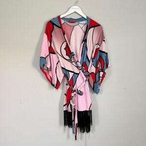 JOSIE NATORI Women’s Multicolor Abstract Print Kimono Robe With Fringe Size M